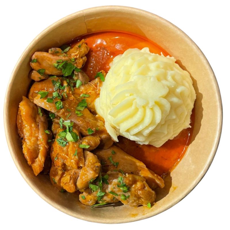 Pollo con salsa de sobrasada y miel y puré de patata